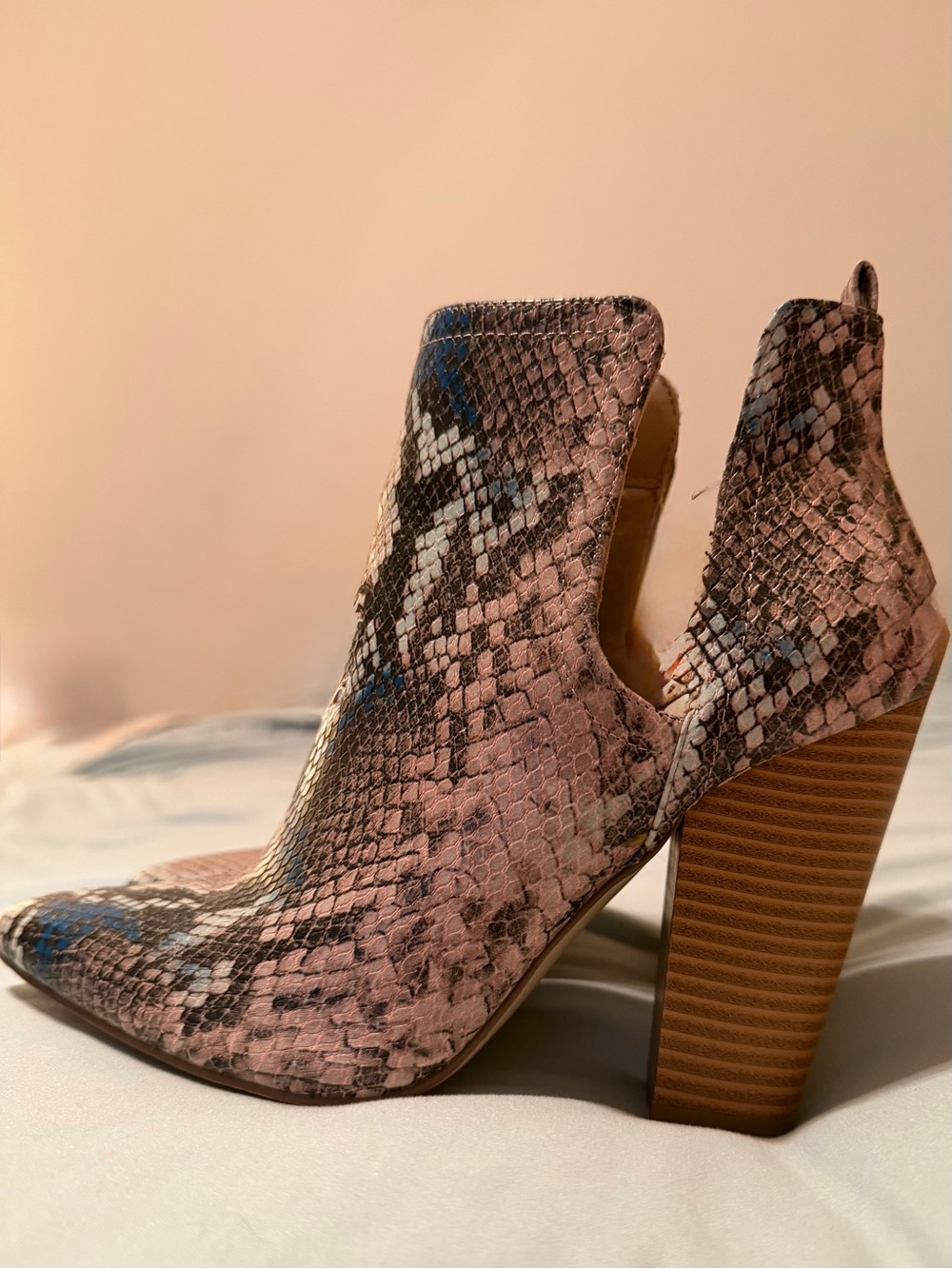 Pink Snake-Print High Heel Ankle Boot